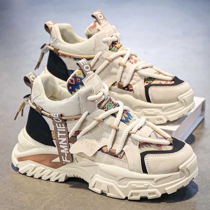 Women's chunky platform sneakers with ethnic textile overlays and sturdy tread sole Mune Fashion