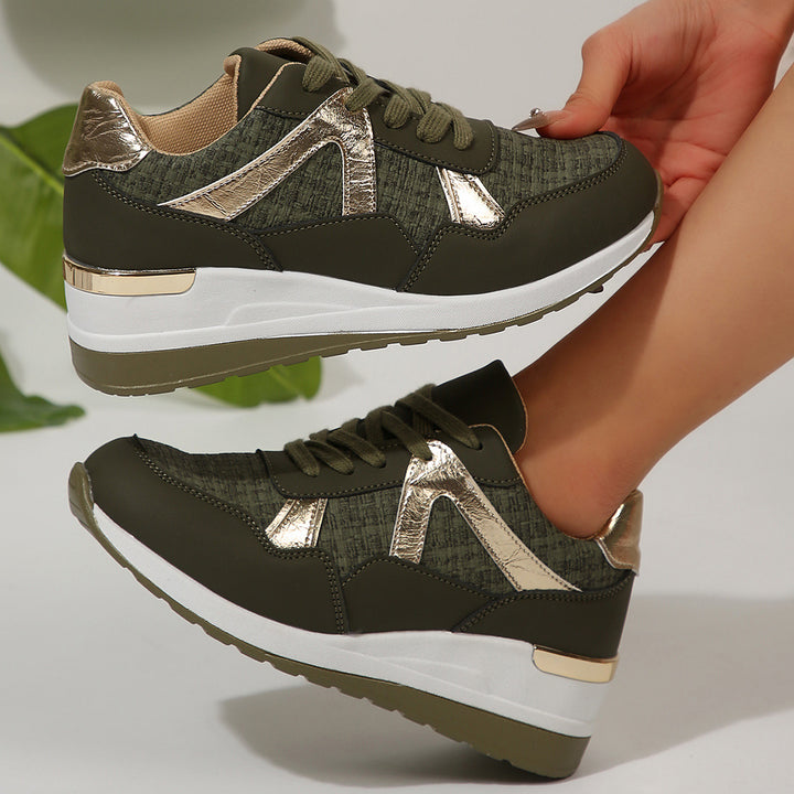 Ladies sporty wedge sneakers with padded memory footbed and elegant metallic accents Mune Fashion