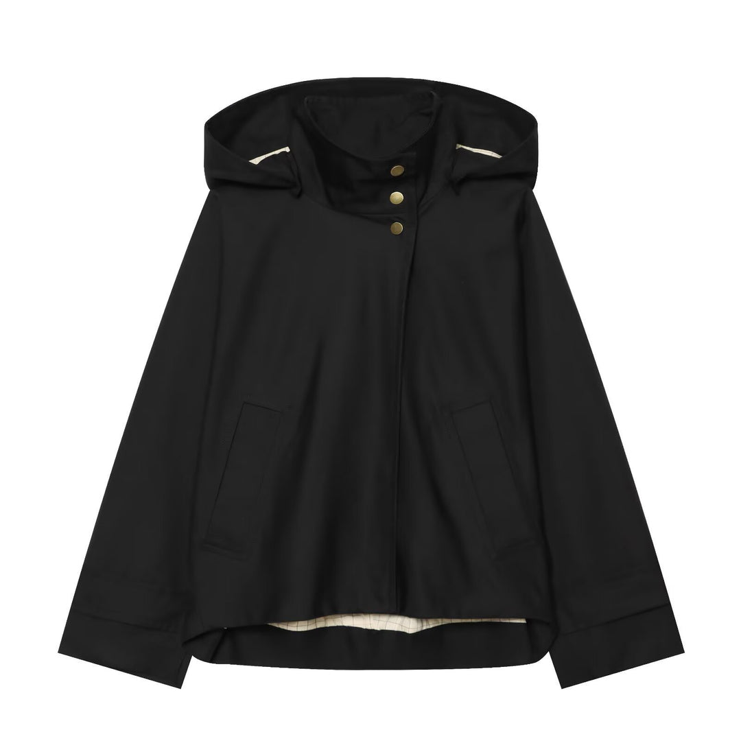 Ladies Short Water-Repellent Hooded Jacket with Snap Button Placket and Patch Pockets Mune Fashion