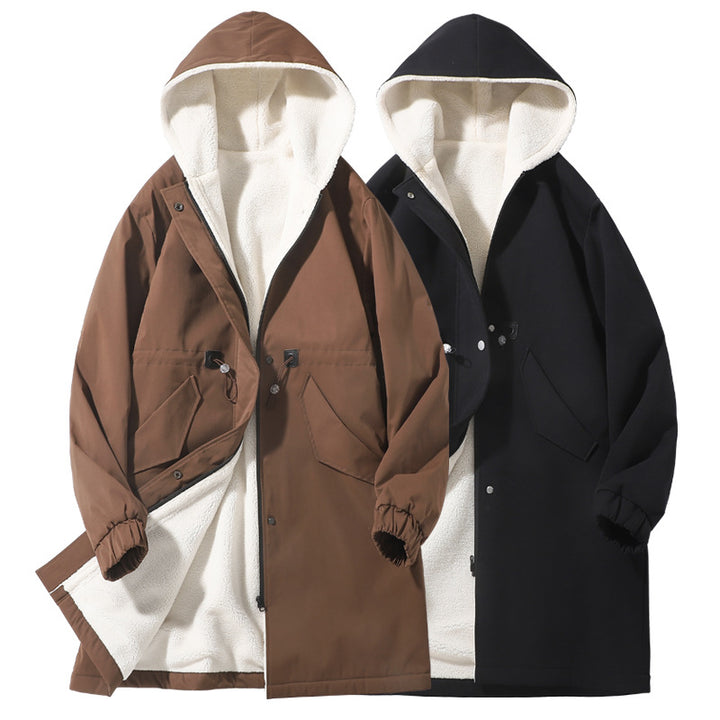 Men's longer water-repellent hooded coat with drawstring, concealed zipper, and flap pockets Mune Fashion