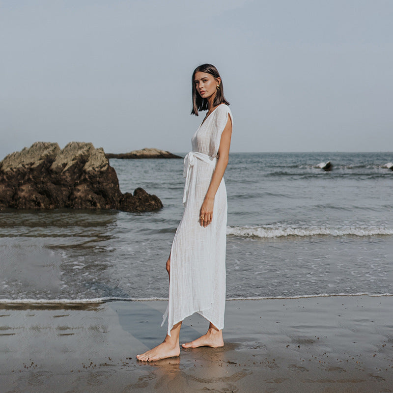Women airy beach dress with tie belt Mune Fashion