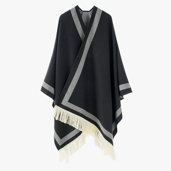 Women's Quilted Oversized Cape Poncho in Kimono Cut with Contrast Trim and Fringe Hem Mune Fashion