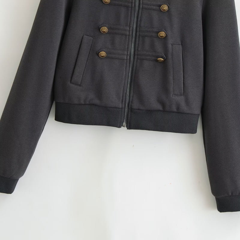 Women's Cropped Hooded Blouson in Military Look with Decorative Button Placket and Ribbed Hem Mune Fashion