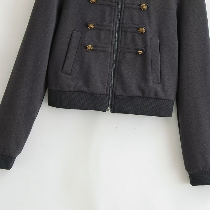 Women's Cropped Hooded Blouson in Military Look with Decorative Button Placket and Ribbed Hem Mune Fashion