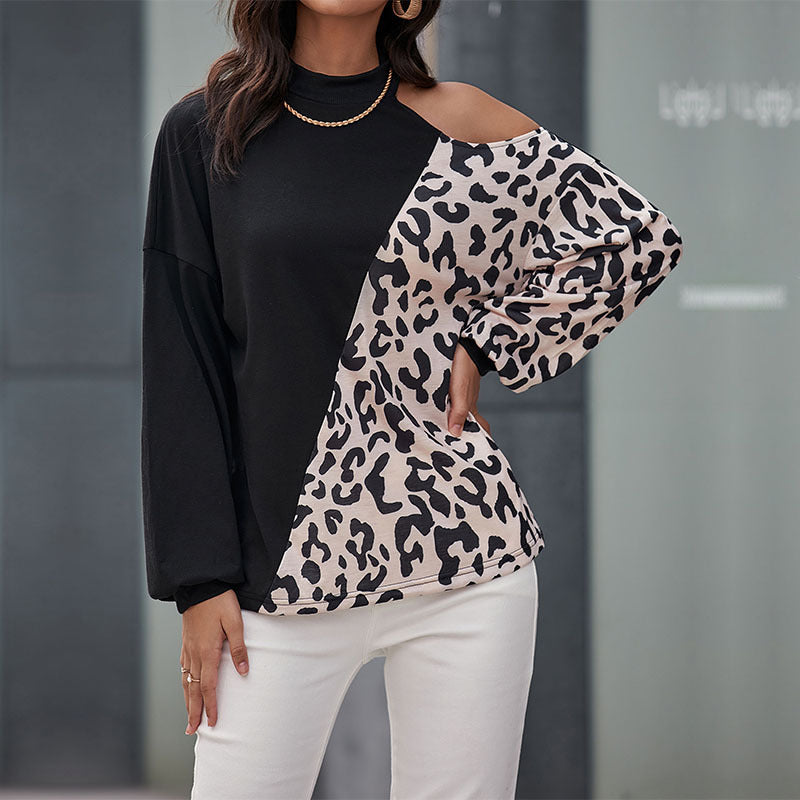 Women Off-Shoulder Sweatshirt with Leopard Panel and Stand Collar Mune Fashion