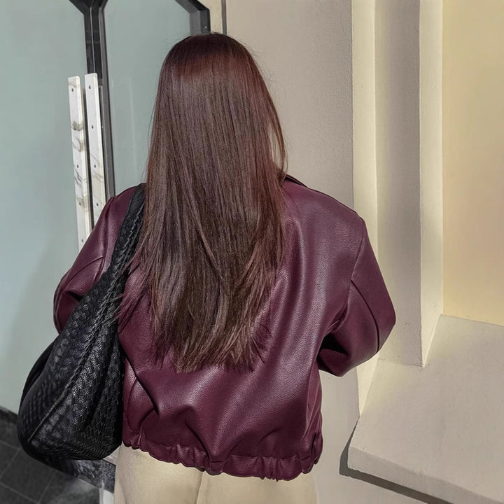 Women's Short Oversized Faux Leather Jacket with Shirt Collar and Elastic Hem Mune Fashion