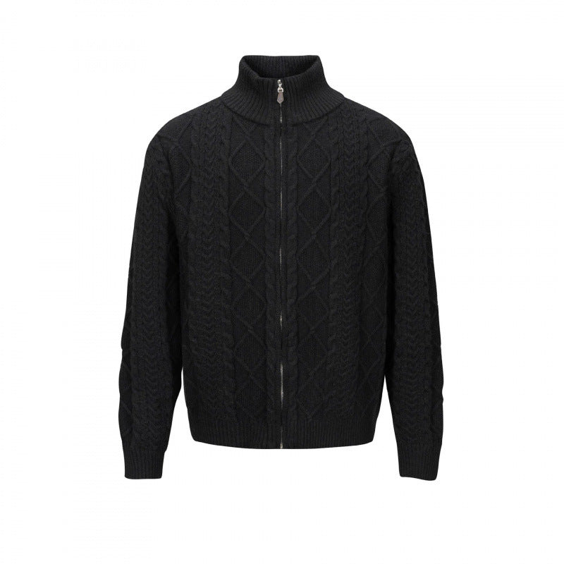 Men's Cable Knit Cardigan with Full Zip and High Ribbed Collar Mune Fashion