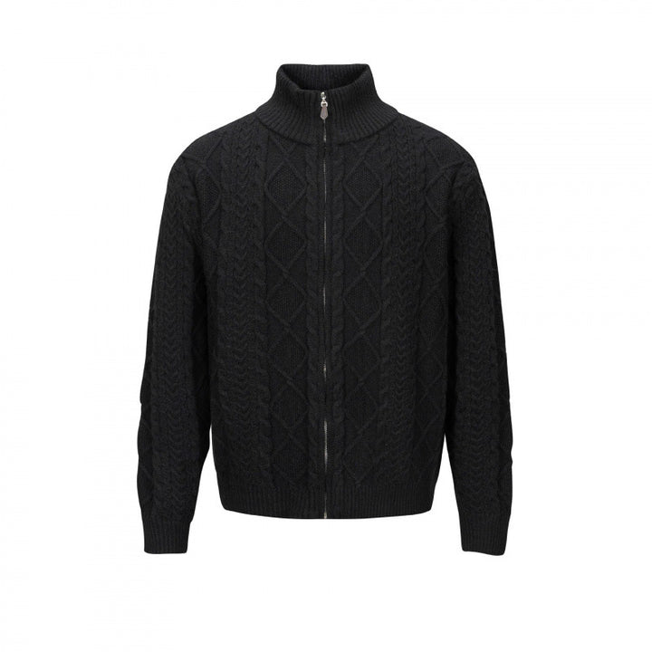 Men's Cable Knit Cardigan with Full Zip and High Ribbed Collar Mune Fashion