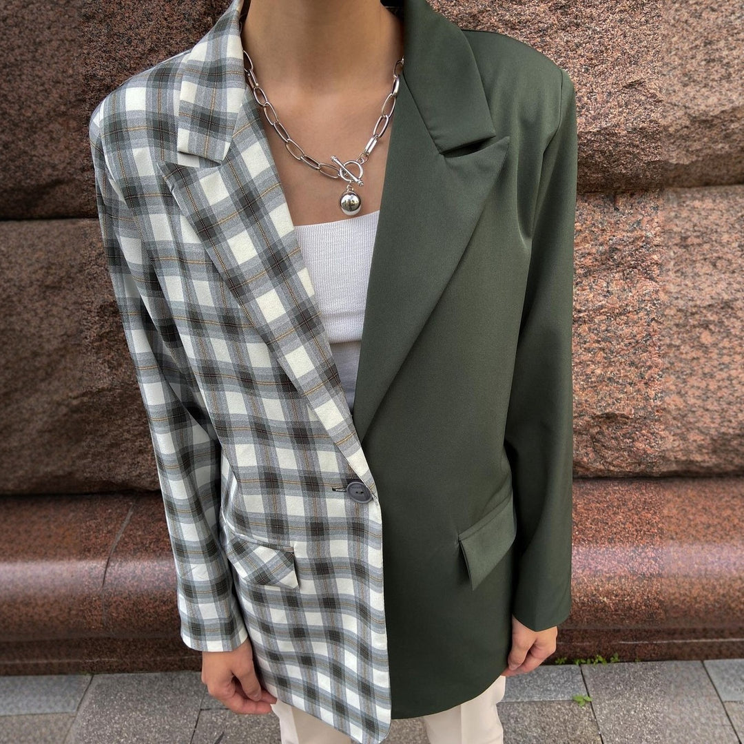 Women's Two-Tone Oversized Blazer with Check Pattern and Notched Lapel Mune Fashion