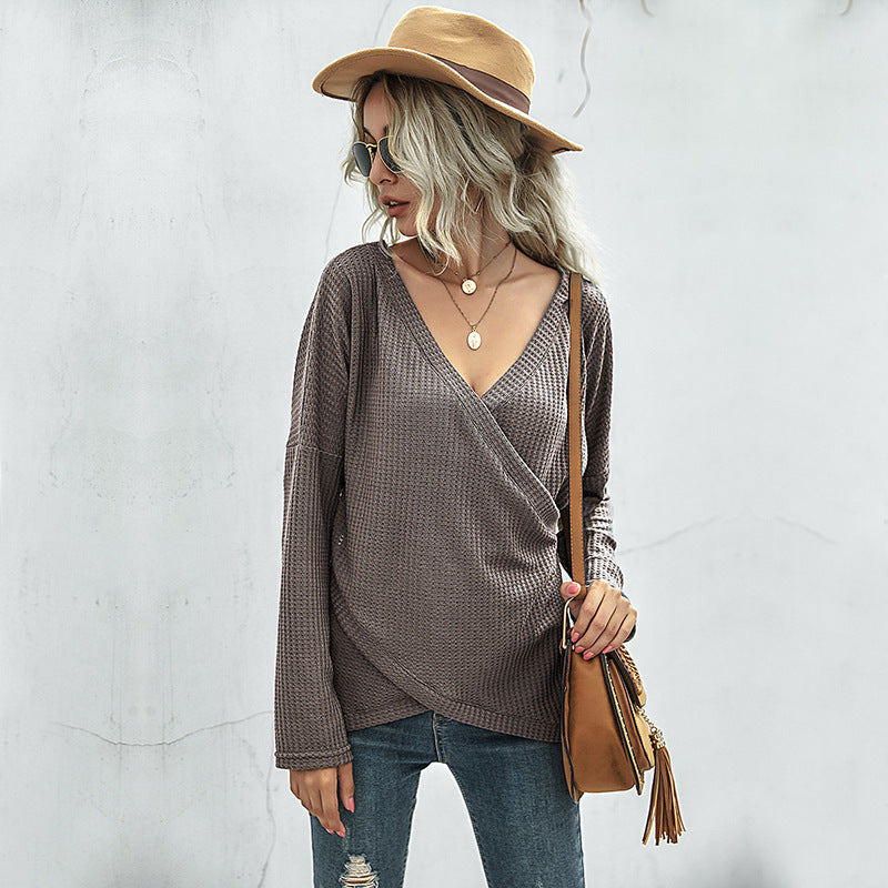 Women's Waffle Knit Wrap Shirt with V-Neck and Long Sleeves Mune Fashion