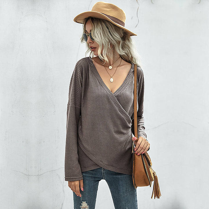 Women's Waffle Knit Wrap Shirt with V-Neck and Long Sleeves Mune Fashion