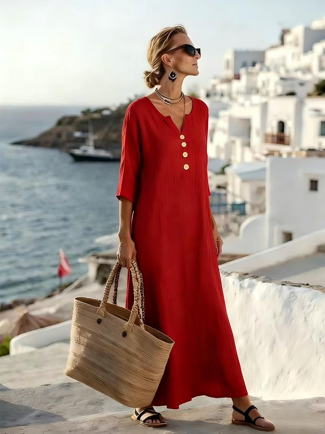 Women's Relaxed V-Neck Button-Front Maxi Caftan Dress Mune Fashion