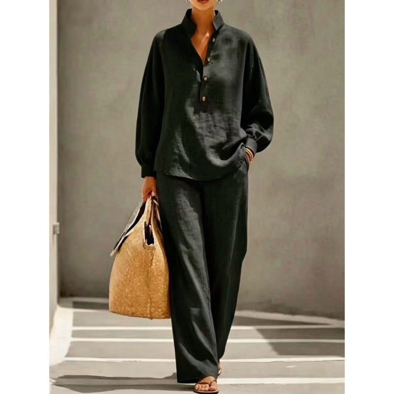 Women's Light Linen Look Two-Piece Set with Stand Collar Henley Blouse and Wide Palazzo Pants Mune Fashion