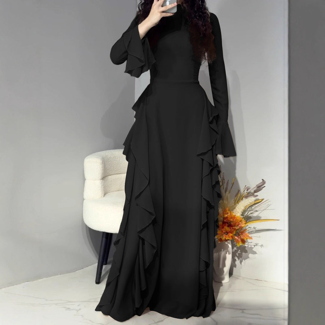 Women nan maxi dress with ruffle trim, tailored empire silhouette and long bell sleeves Mune Fashion