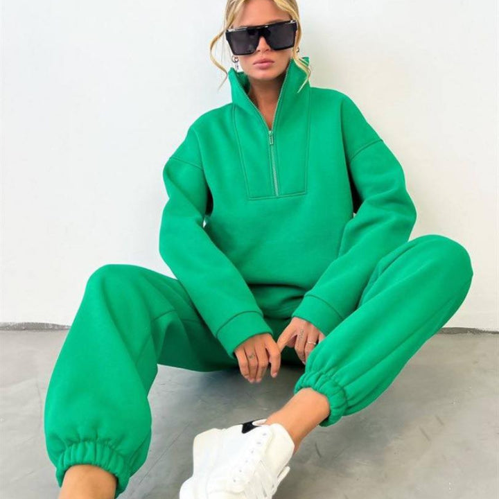 Women’s soft oversized half-zip loungewear set with high stand collar and fitted joggers Mune Fashion