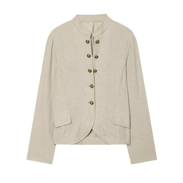 Women Boxy Linen Blazer with Stand Collar, Decorative Button Placket and Patch Pockets Mune Fashion