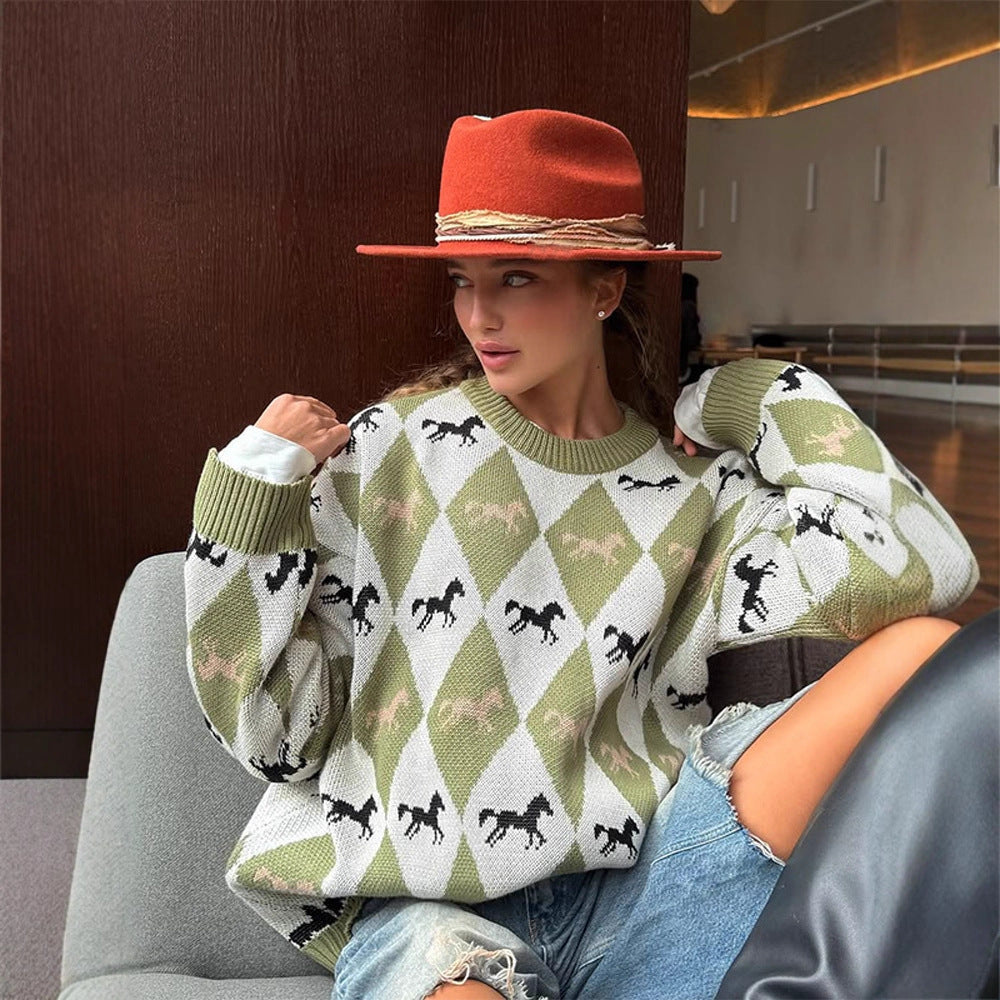 Women's Oversize Knitted Sweater with Argyle Pattern and Horse Motif Mune Fashion