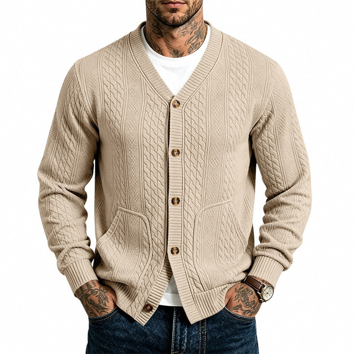 Men's Structured Knit Cardigan with V-Neck and Cable Pattern Mune Fashion