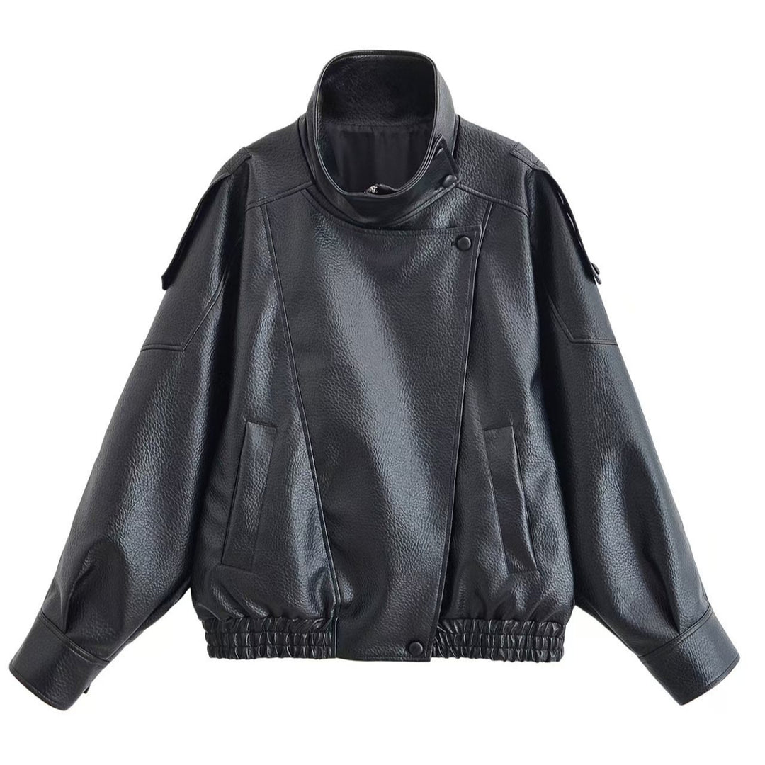 Women's Oversized Faux Leather Bomber Jacket with High Stand-Up Collar, Snap Button Placket and Smocked Cuffs Mune Fashion