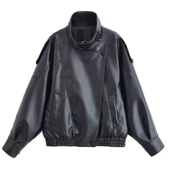 Women's Oversized Faux Leather Bomber Jacket with High Stand-Up Collar, Snap Button Placket and Smocked Cuffs Mune Fashion