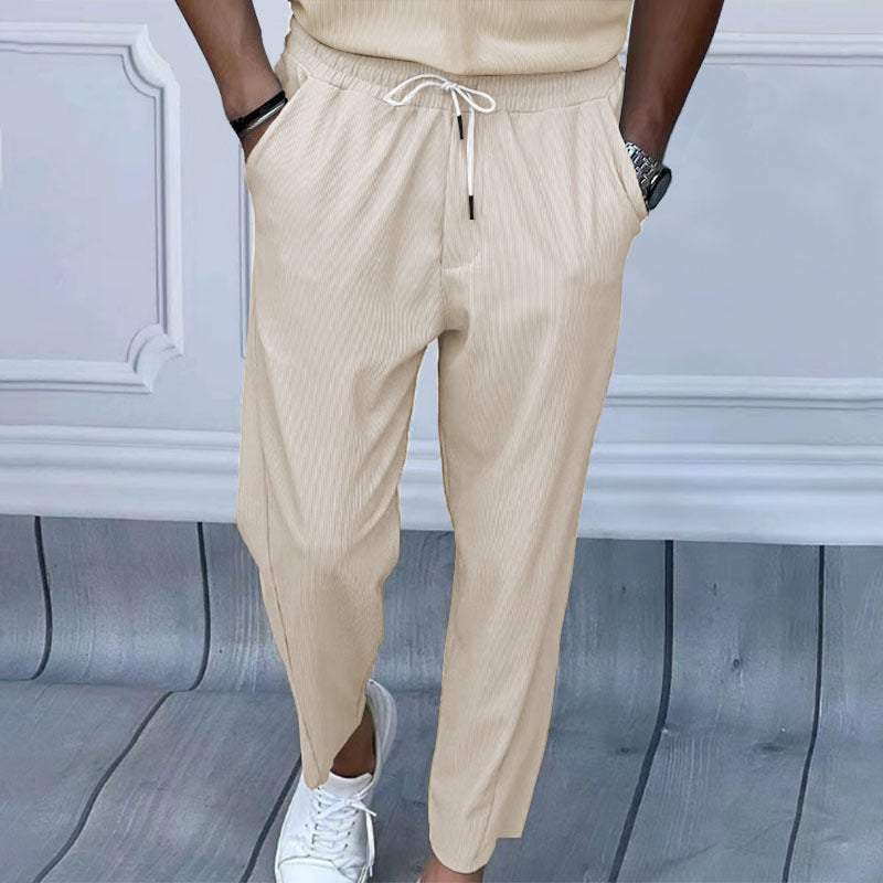 Men's Lightweight Casual Pants with Elastic Waistband, Drawstring & Fine Vertical Structure Mune Fashion