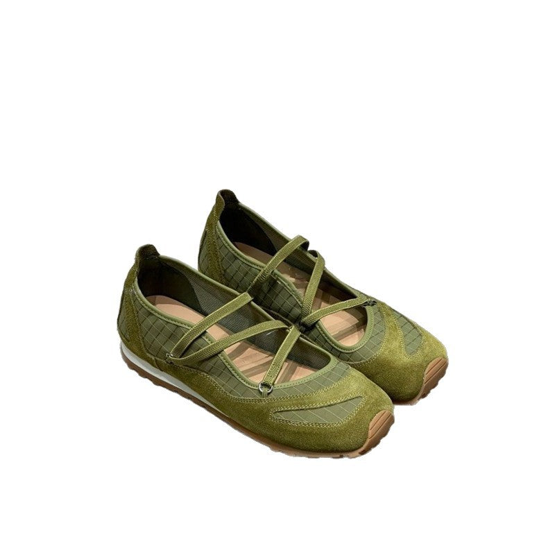 Damen Ballerina-Slipper mit Kreuzriemchen, Wildleder- und Krokostruktur Mune Fashion