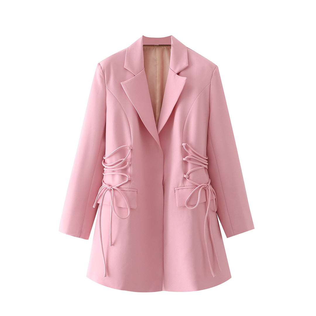 Women's tailored long blazer with side lacing and flap pockets Mune Fashion