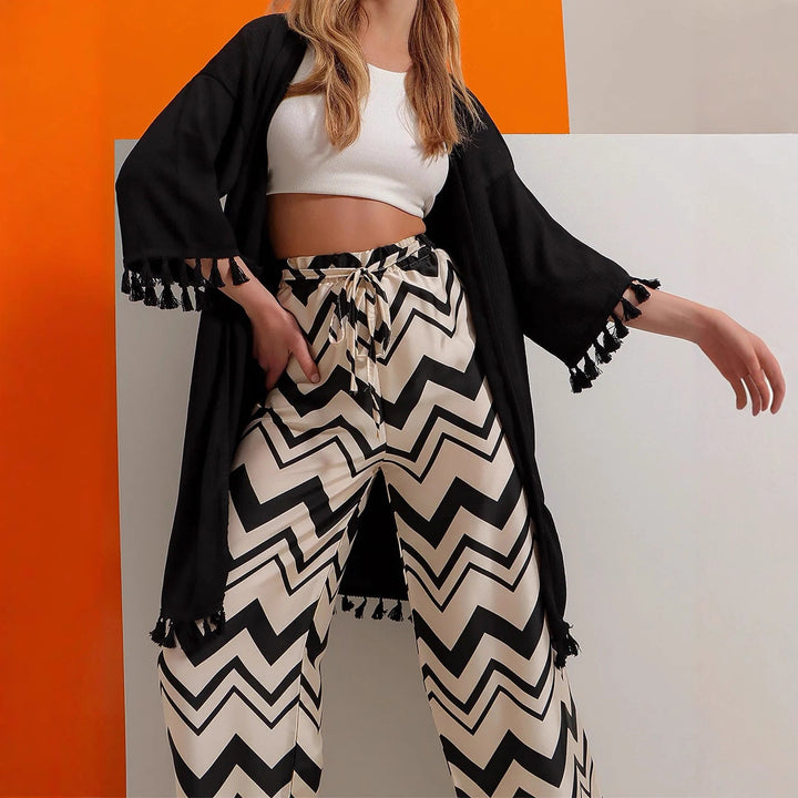 Women's Wide Satin Pants with Zigzag Print, High Elastic Waistband and Tie Belt Mune Fashion