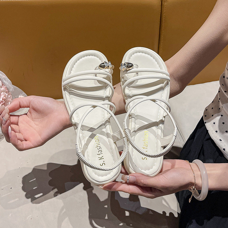 Women's Flat Strappy Sandals with Toe Post, Elastic Heel Strap, and Decorative Application Mune Fashion