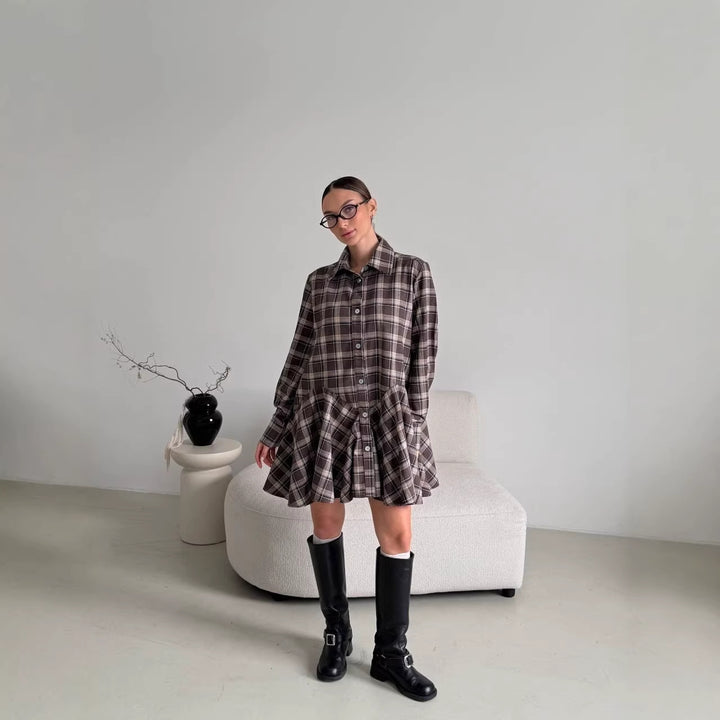 Women's Checked Shirt Blouse Mini Dress with Flared Ruffle Waist Mune Fashion