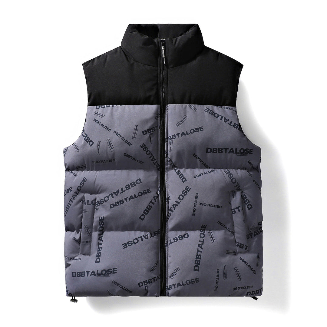 Men's Padded Quilted Vest with High Collar Allover Logo Print & Drawstring Hem Mune Fashion