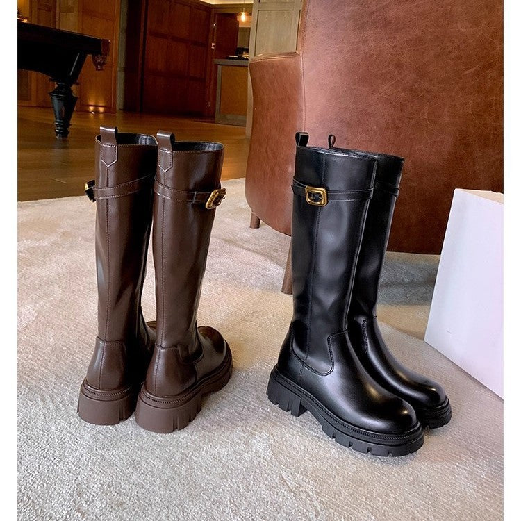 Ladies Knee Boots with Profiled Lug Sole and Decorative Buckle Strap Mune Fashion