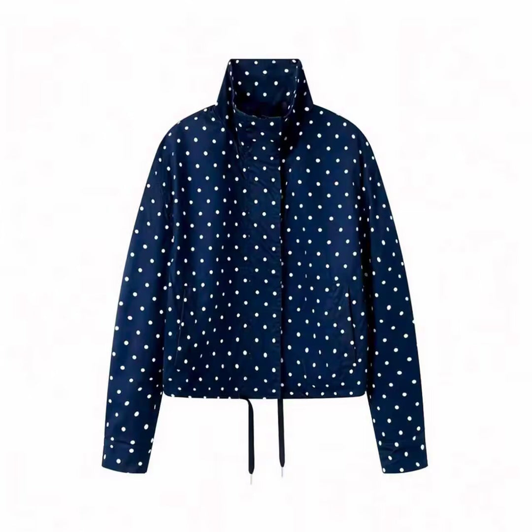 Women's Short Dotted Rain Jacket with Stand-Up Collar and Drawstring Mune Fashion