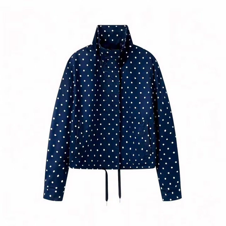 Women's Short Dotted Rain Jacket with Stand-Up Collar and Drawstring Mune Fashion
