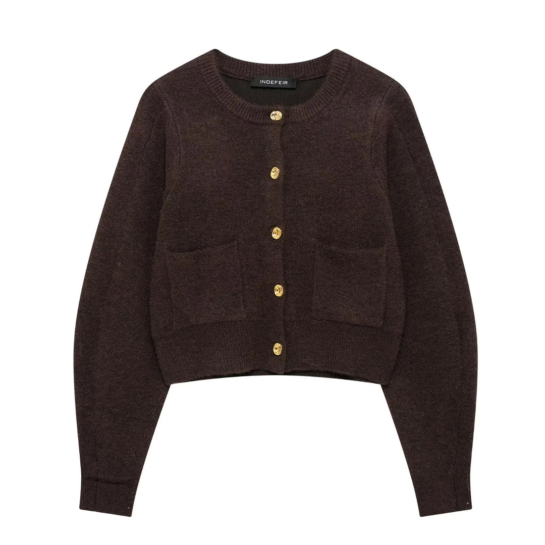 Ladies 60+ Cropped Knit Cardigan with Round Neck, Patch Pockets and Decorative Buttons Mune Fashion