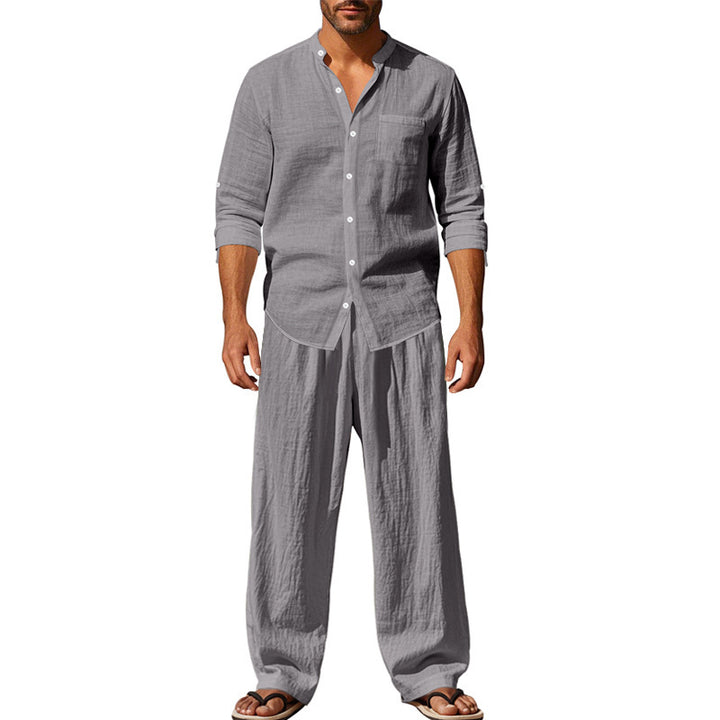 Men's Nan Leisure Linen Relax Set with Stand-Up Collar Shirt and Loose Drawstring Pants Mune Fashion