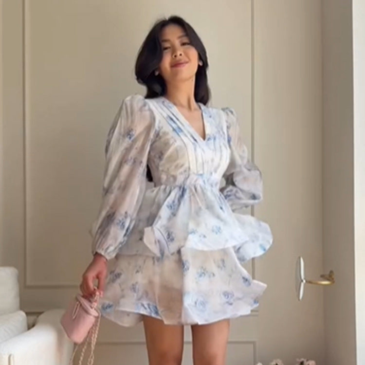 Women's Floral Chiffon Mini Dress with V-Neck, Ruched Waist and Layered Ruffle Skirt Mune Fashion