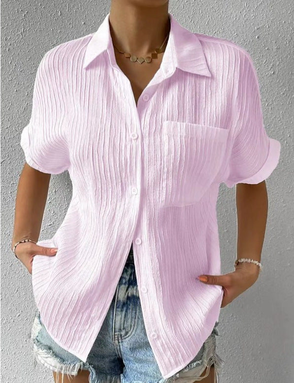 Women's crinkle effect shirt blouse with breast pocket, rolled sleeves and loose fit Mune Fashion