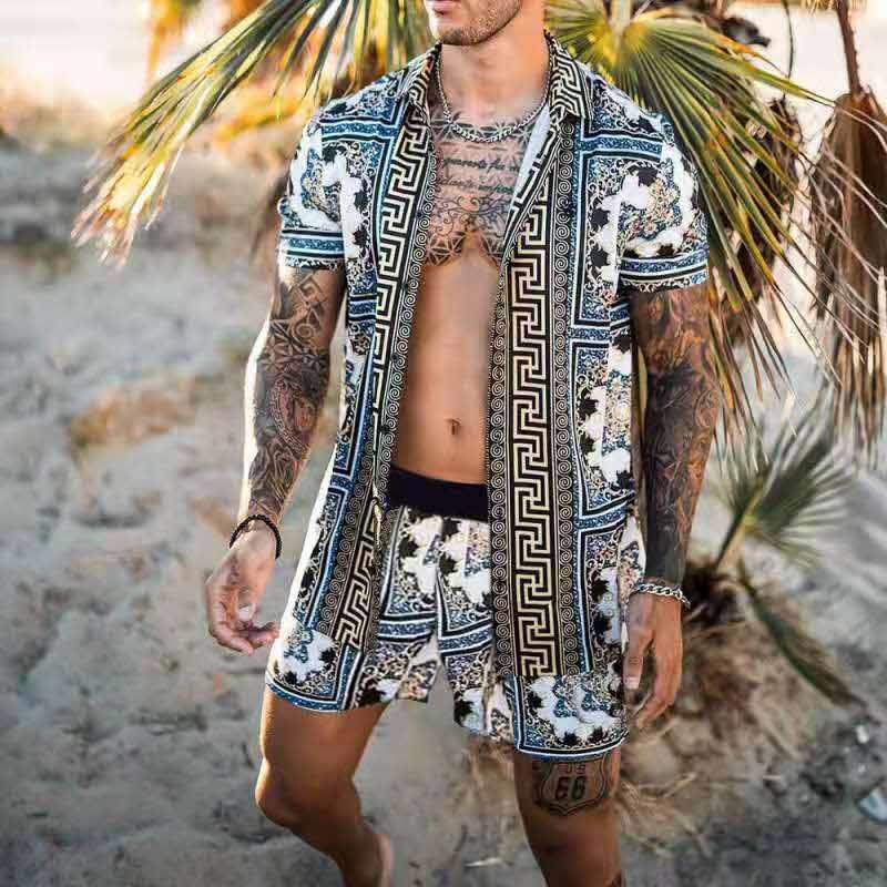 Men's short-sleeved shirt with baroque pattern and matching loose-fitting shorts Mune Fashion