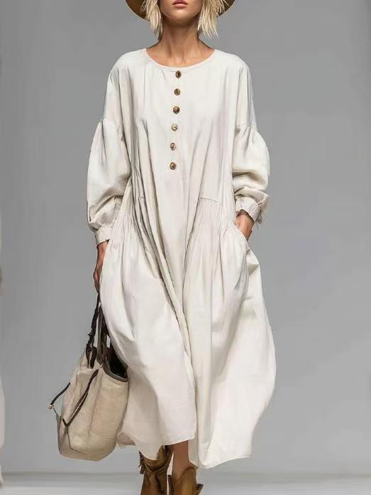 Women's Casual Midi Dress with Button Placket, Balloon Sleeves and Side Pockets Mune Fashion