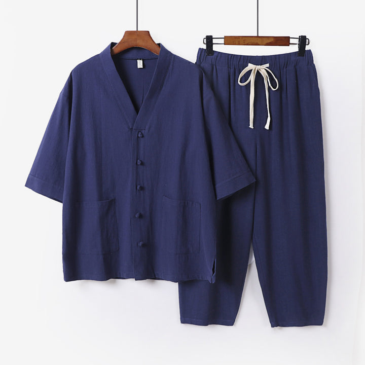 Unisex Lightweight Kimono Lounge Set made of Cotton-Linen with Short Sleeve Jacket and Drawstring Pants Mune Fashion