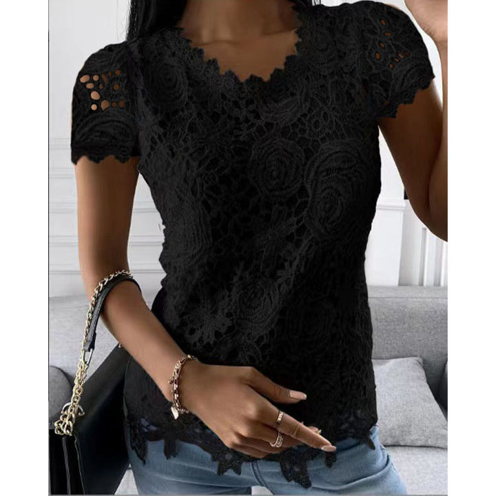 Women's lace top with V-neck, tailored silhouette and romantic wave hem Mune Fashion