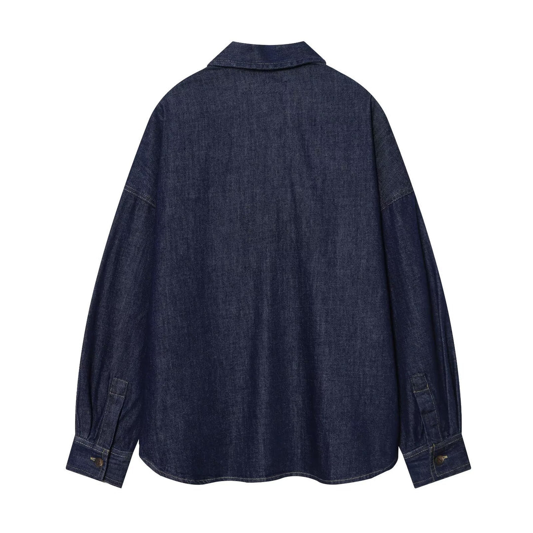 Women's Oversized Denim Tunic with Half Button Placket and Distinctive Stitching Details Mune Fashion