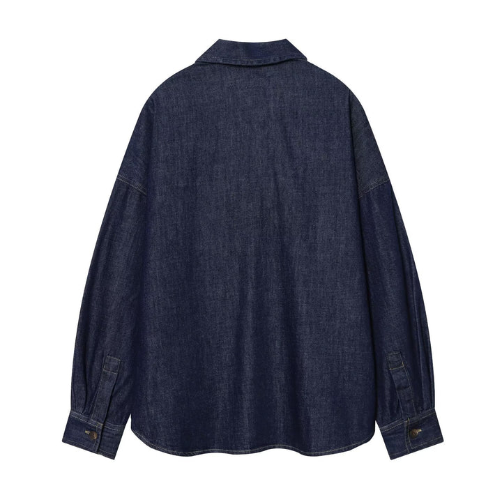 Women's Oversized Denim Tunic with Half Button Placket and Distinctive Stitching Details Mune Fashion
