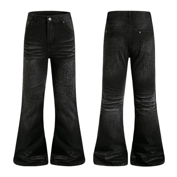 Women's High-Cut Flared Jeans with Subtle Leo Print and Used Wash Mune Fashion