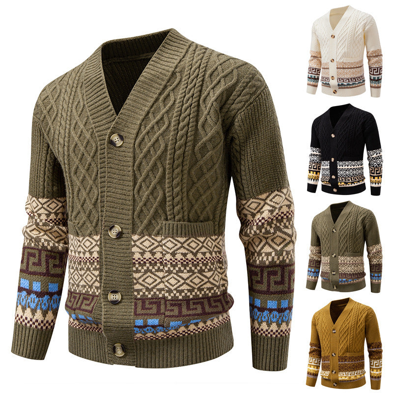 Men's knitted cardigan with cable pattern, jacquard cuffs, and button closure Mune Fashion
