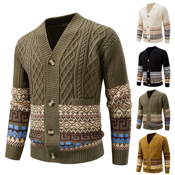 Men's knitted cardigan with cable pattern, jacquard cuffs, and button closure Mune Fashion