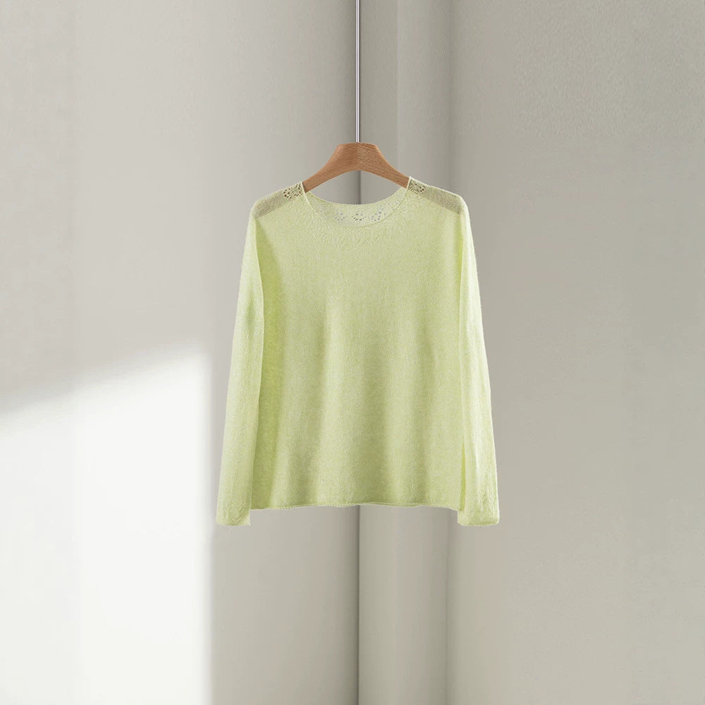 Women's Fine Round Neck Sweater with Lace Knit Detail Mune Fashion