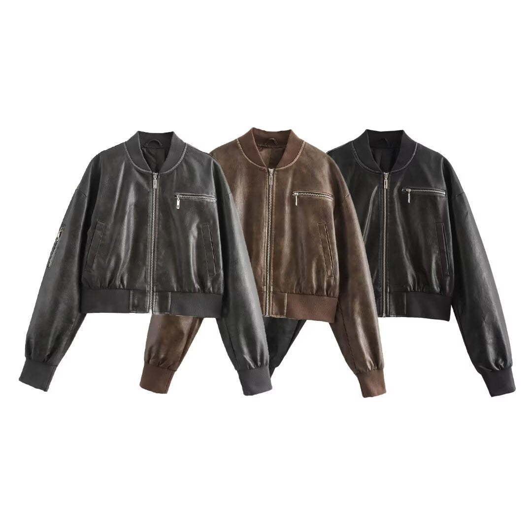 Women's Casual Bomber Jacket Made Of High-Quality Faux Leather Mune