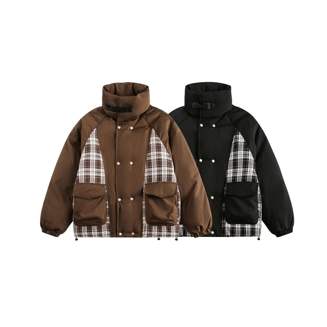 Unisex Oversize Stand Collar Puffer Jacket with Checked Insert Panel and Utility Pockets Mune Fashion